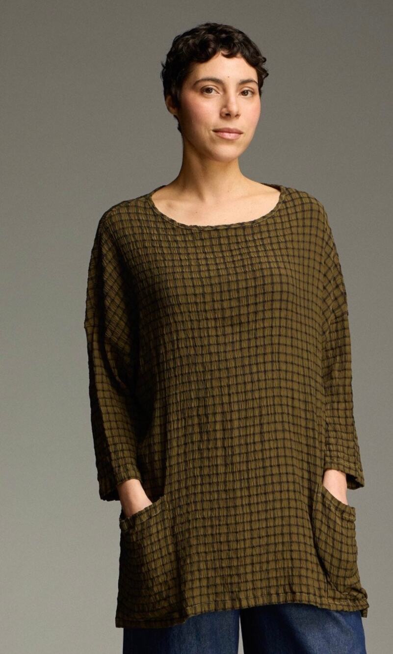 Cut Loose Size Pocket Tunic Black Kelp Gingham Lagenlook Cotton Boxy Made in USA